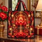 Red Lotus Welcome Atrium Quilted Tote Bag with printed optical 3D artwork in its use setting