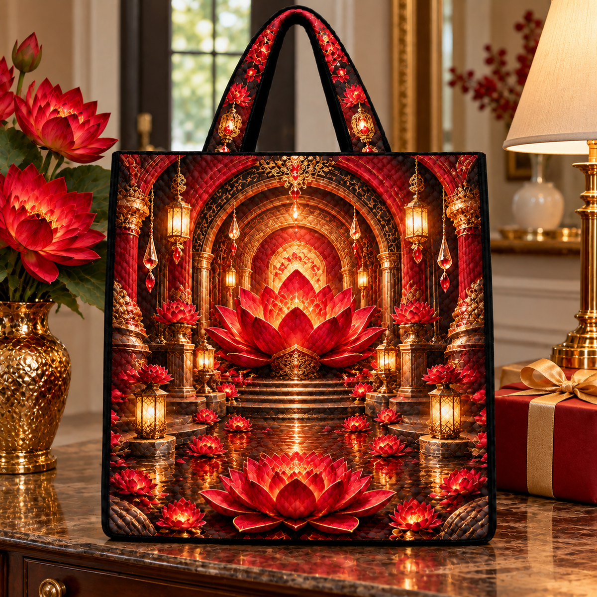Red Lotus Welcome Atrium Quilted Tote Bag with printed optical 3D artwork in its use setting