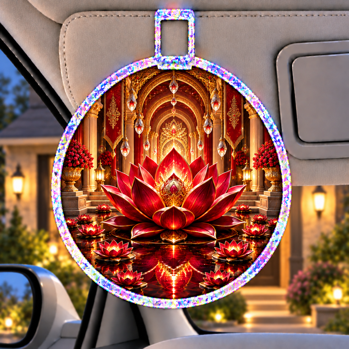 Red Lotus Welcome Atrium Holographic Car Visor Clip with printed optical 3D artwork in its use setting