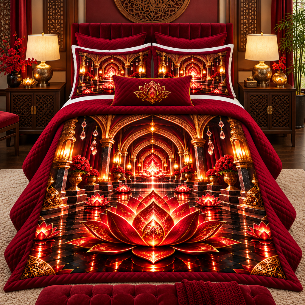 Red Lotus Quiet Alcove Quilted Bedding Set with printed optical 3D artwork in its use setting