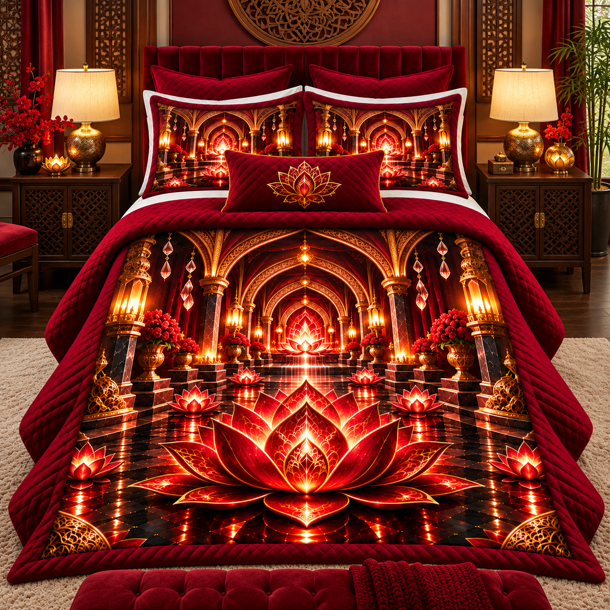 Red Lotus Quiet Alcove Quilted Bedding Set with printed optical 3D artwork in its use setting