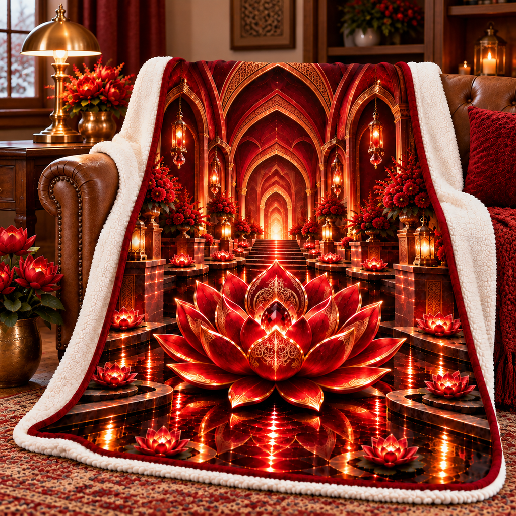 Red Lotus Quiet Alcove Sherpa & Fleece Blanket with printed optical 3D artwork in its use setting