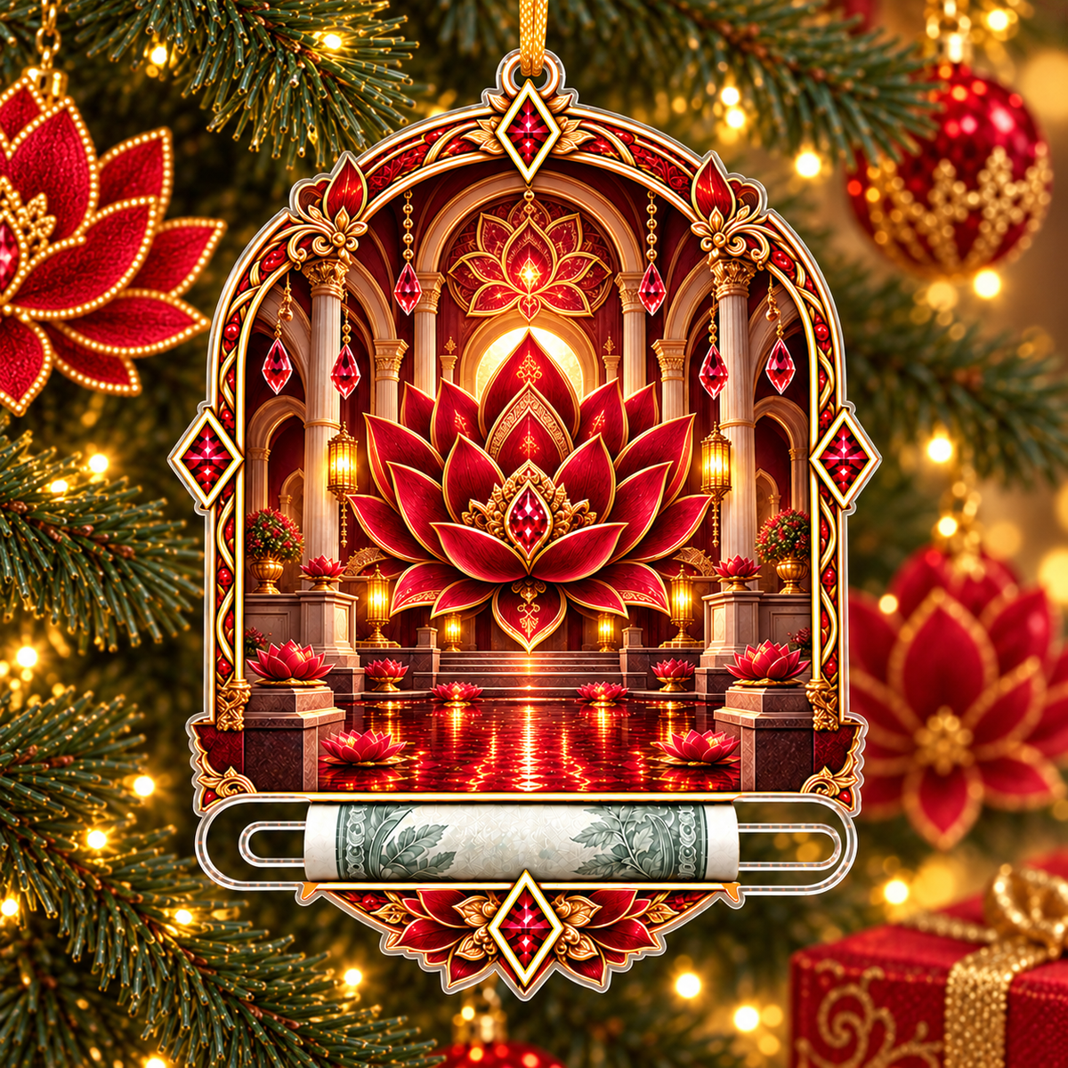 Red Lotus Quiet Alcove Acrylic Cash Holder Ornament with printed optical 3D artwork in its use setting