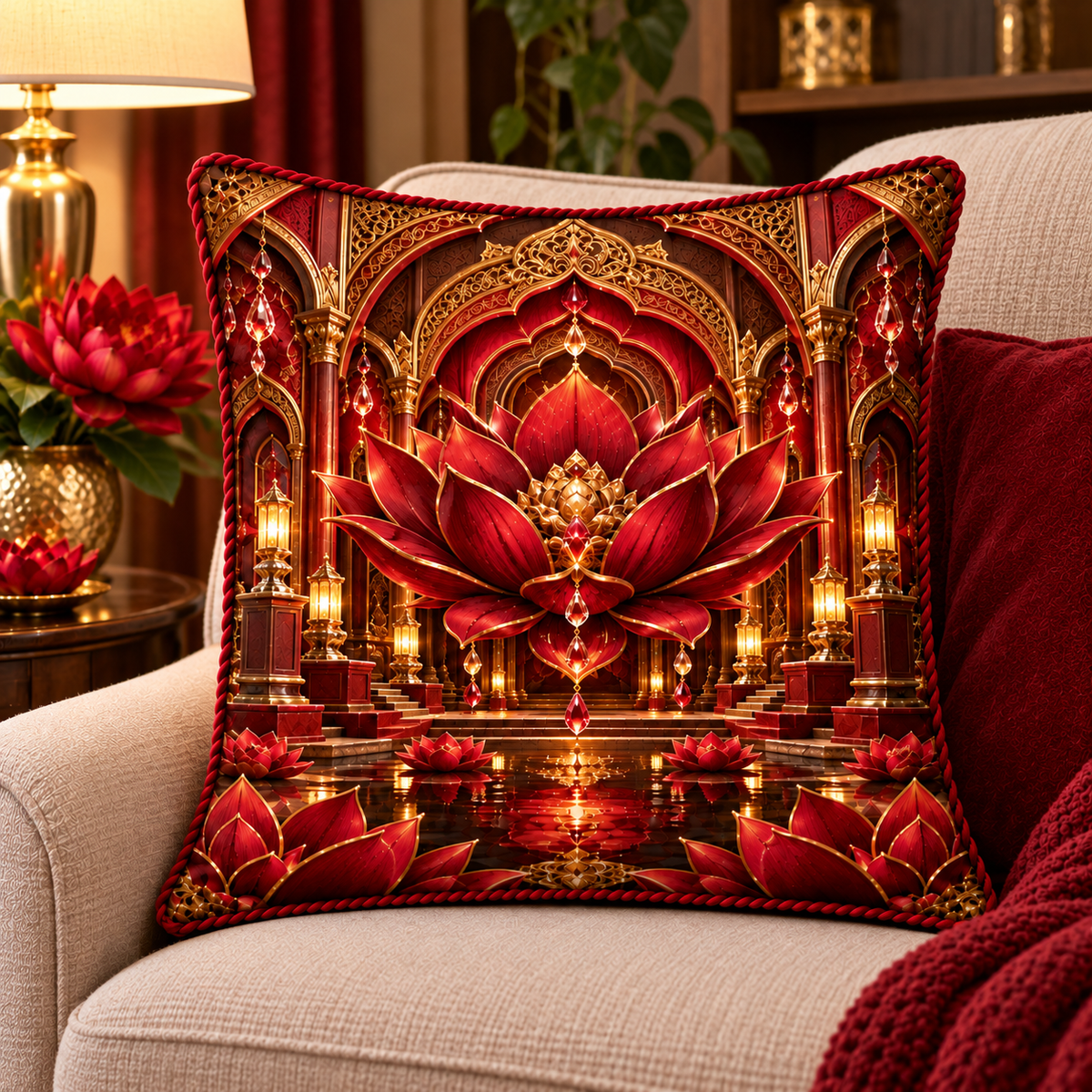 Red Lotus Quiet Alcove Quilted Cushion Cover with printed optical 3D artwork in its use setting