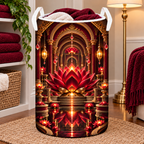 Red Lotus Quiet Alcove Laundry Hamper with printed optical 3D artwork in its use setting