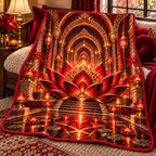 Red Lotus Quiet Alcove Quilt Blanket with printed optical 3D artwork in its use setting