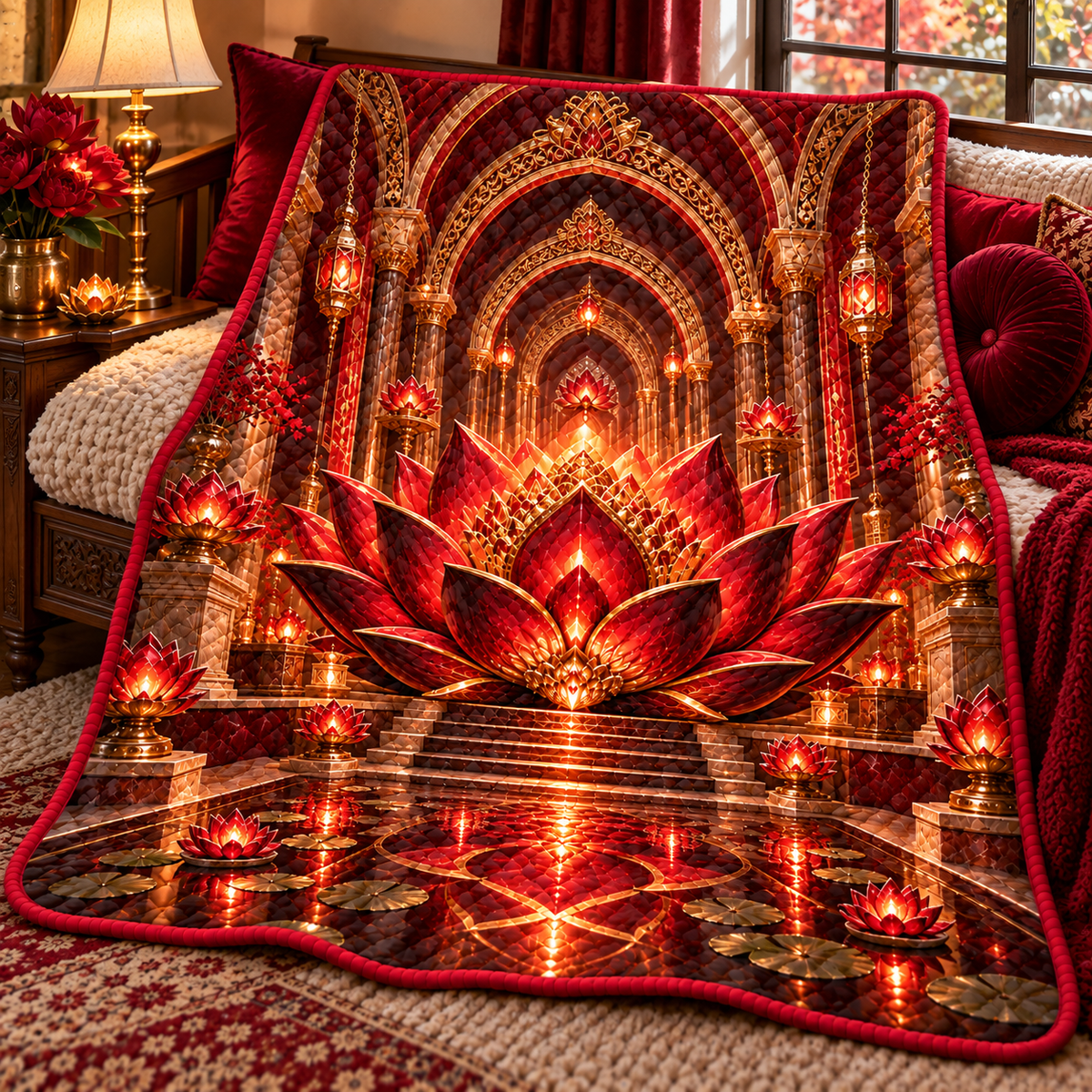 Red Lotus Quiet Alcove Quilt Blanket with printed optical 3D artwork in its use setting