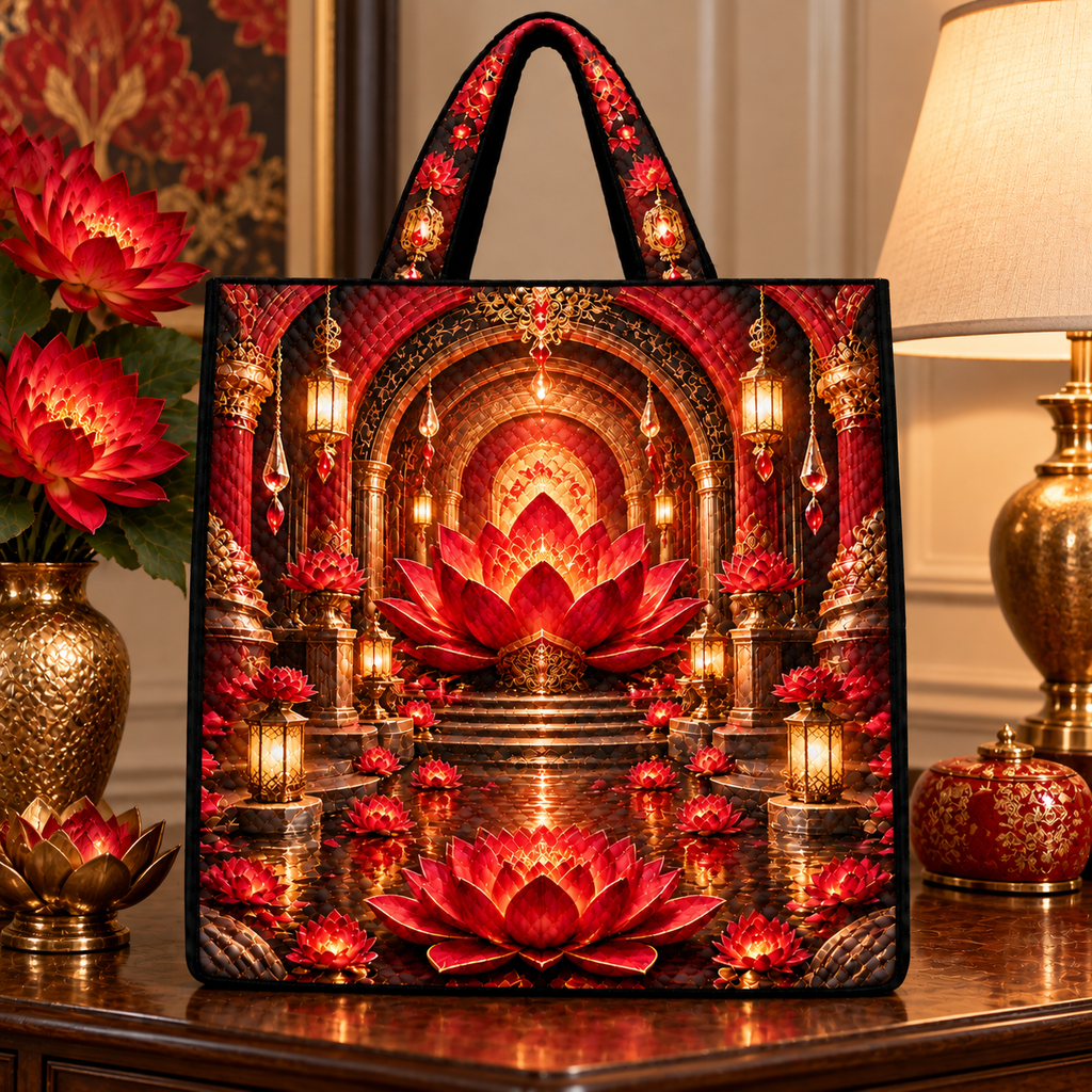 Red Lotus Quiet Alcove Quilted Tote Bag with printed optical 3D artwork in its use setting