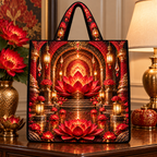 Red Lotus Quiet Alcove Quilted Tote Bag with printed optical 3D artwork in its use setting