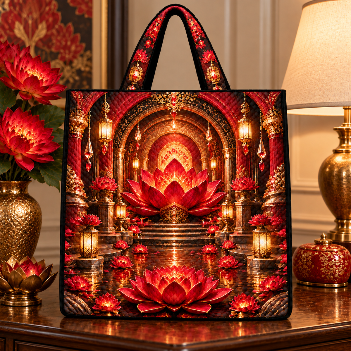 Red Lotus Quiet Alcove Quilted Tote Bag with printed optical 3D artwork in its use setting