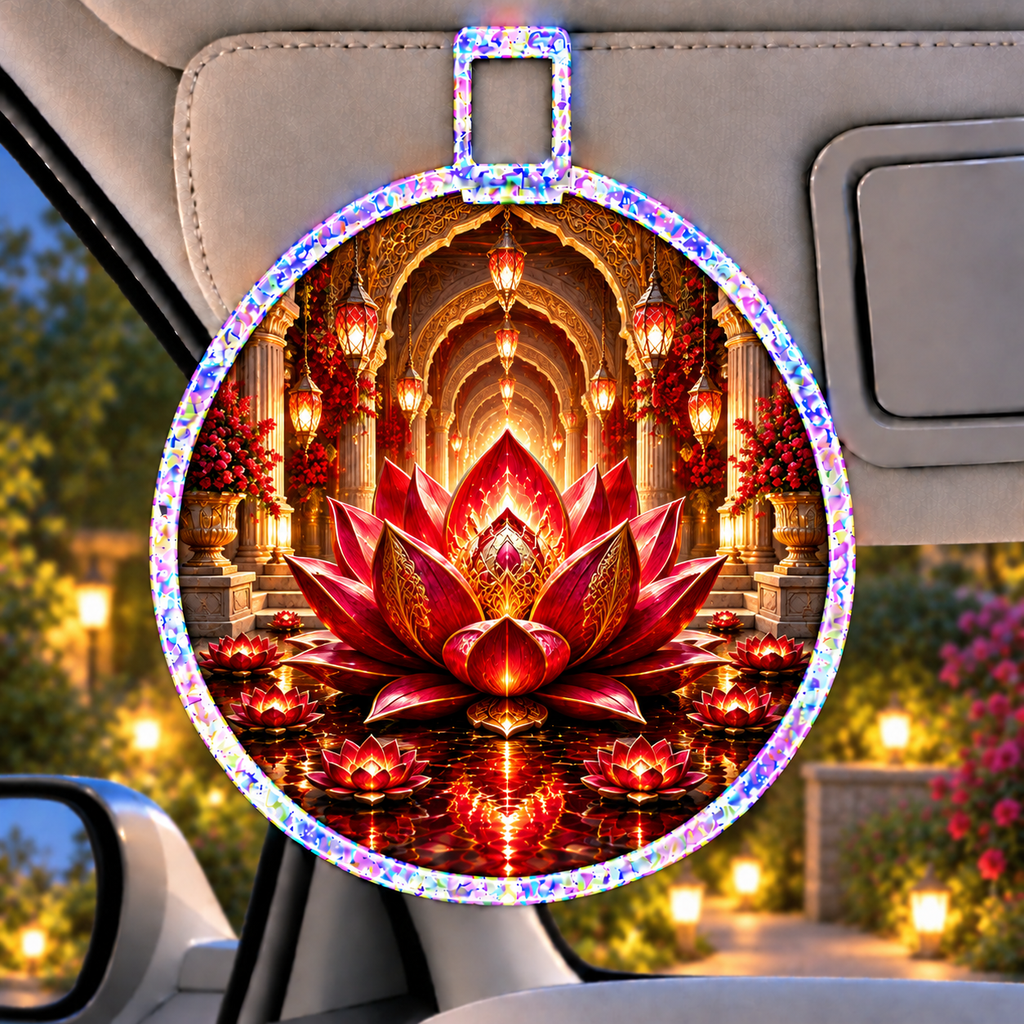 Red Lotus Quiet Alcove Holographic Car Visor Clip with printed optical 3D artwork in its use setting
