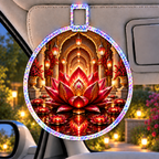 Red Lotus Quiet Alcove Holographic Car Visor Clip with printed optical 3D artwork in its use setting