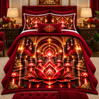 Red Lotus Ruby Jubilee Quilted Bedding Set with printed optical 3D artwork in its use setting