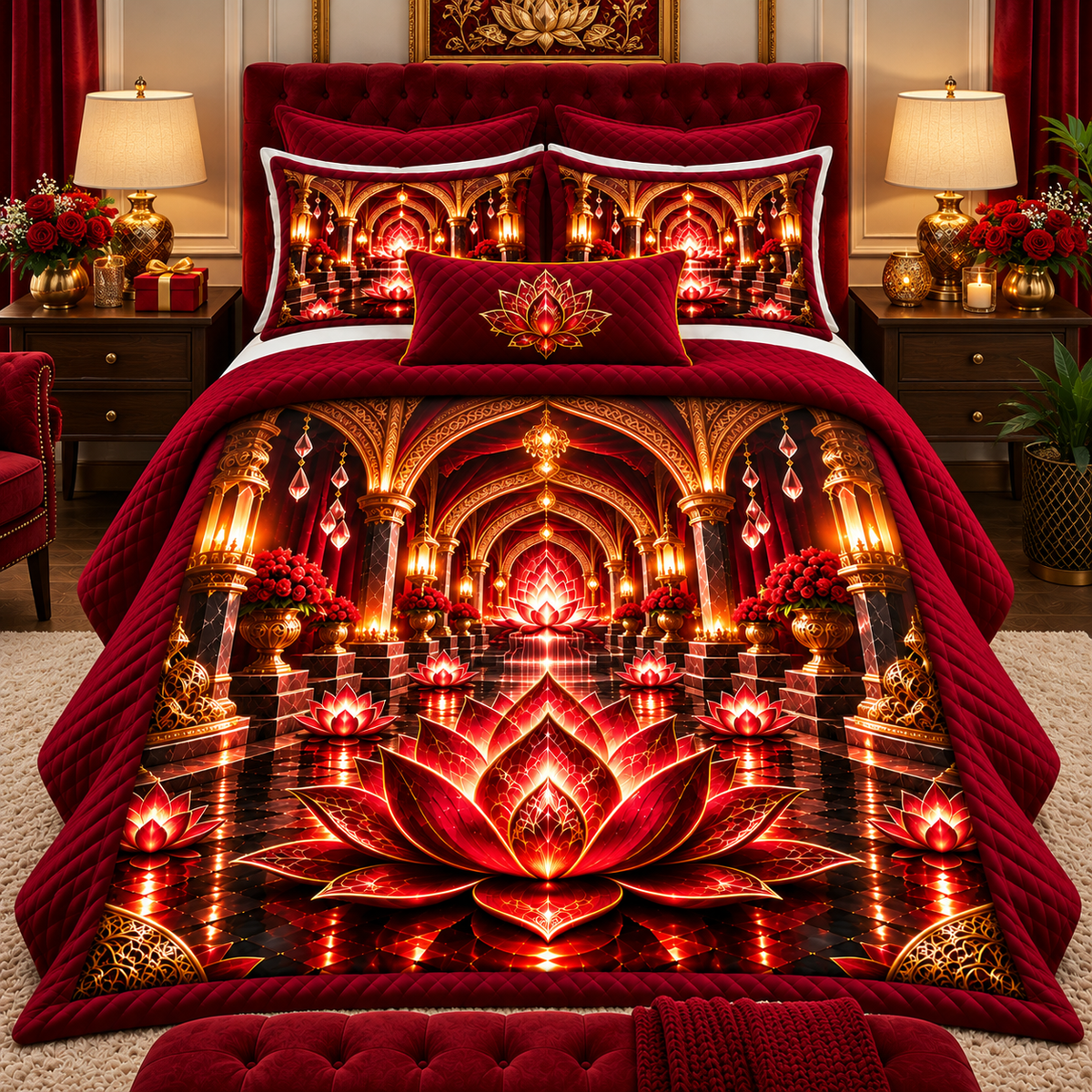 Red Lotus Ruby Jubilee Quilted Bedding Set with printed optical 3D artwork in its use setting