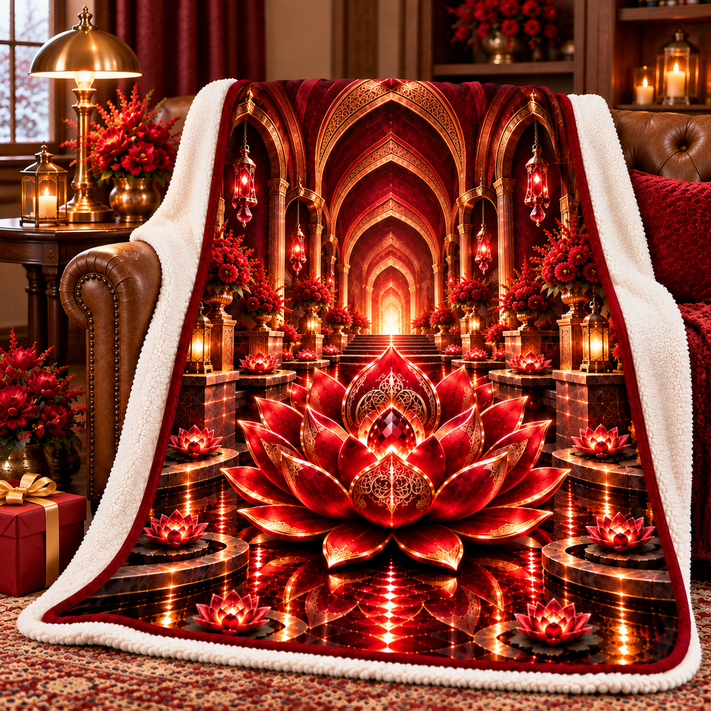 Red Lotus Ruby Jubilee Sherpa & Fleece Blanket with printed optical 3D artwork in its use setting