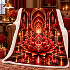 Red Lotus Ruby Jubilee Sherpa & Fleece Blanket with printed optical 3D artwork in its use setting