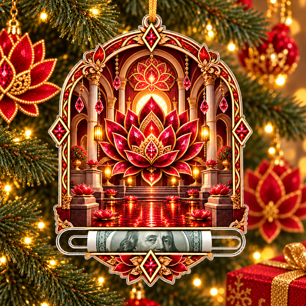 Red Lotus Ruby Jubilee Acrylic Cash Holder Ornament with printed optical 3D artwork in its use setting