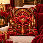 Red Lotus Ruby Jubilee Quilted Cushion Cover with printed optical 3D artwork in its use setting