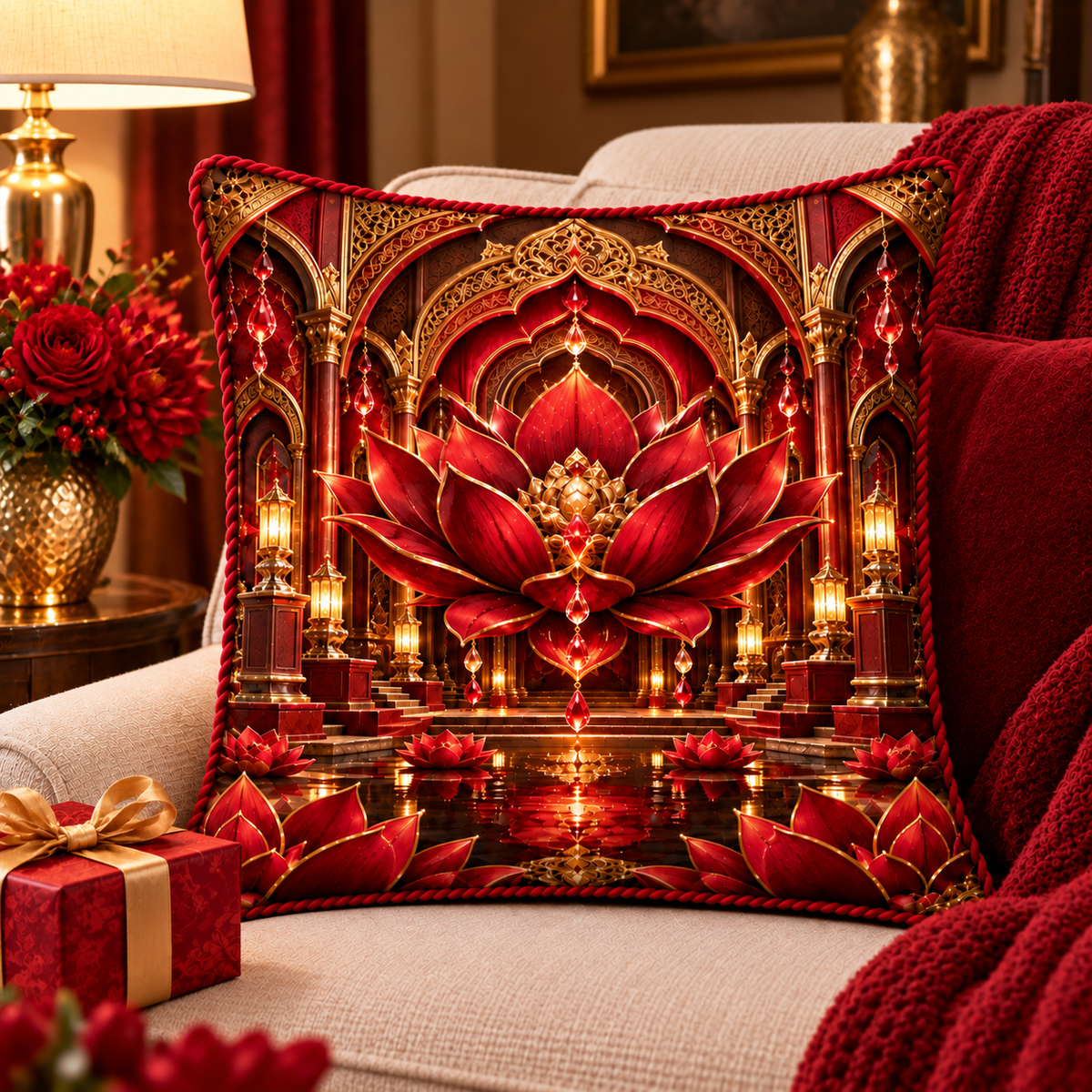Red Lotus Ruby Jubilee Quilted Cushion Cover with printed optical 3D artwork in its use setting