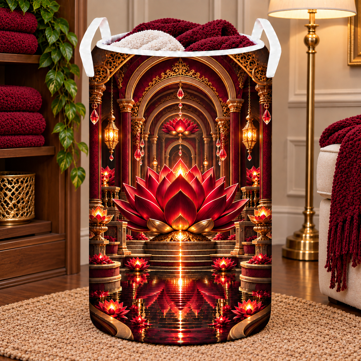 Red Lotus Ruby Jubilee Laundry Hamper with printed optical 3D artwork in its use setting