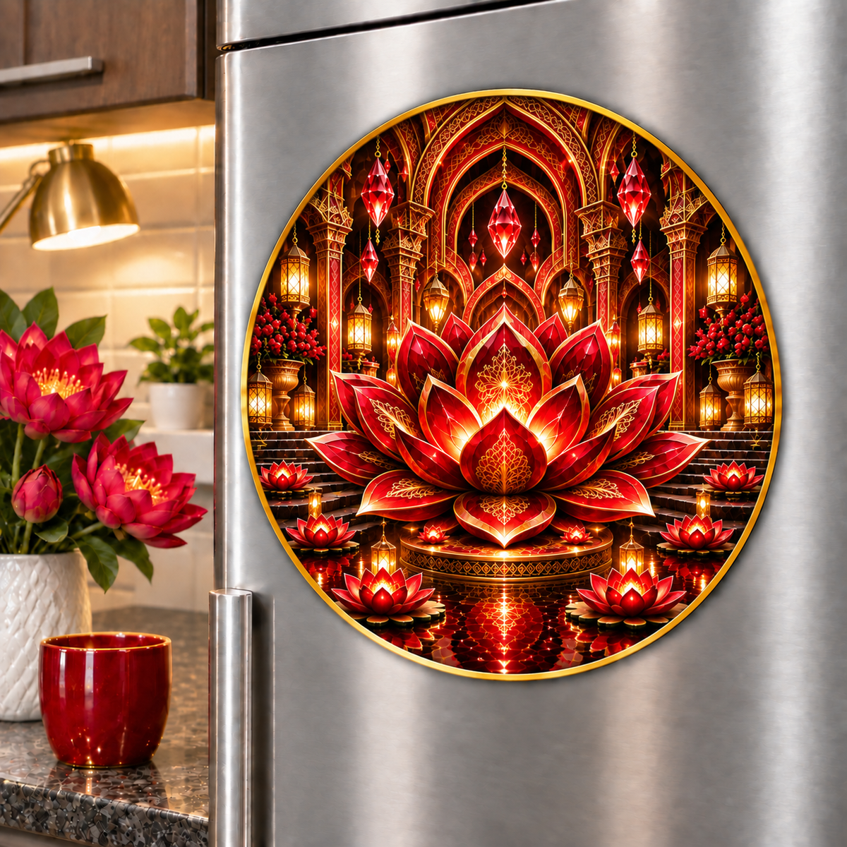 Red Lotus Ruby Jubilee Acrylic Refrigerator Magnet with printed optical 3D artwork in its use setting