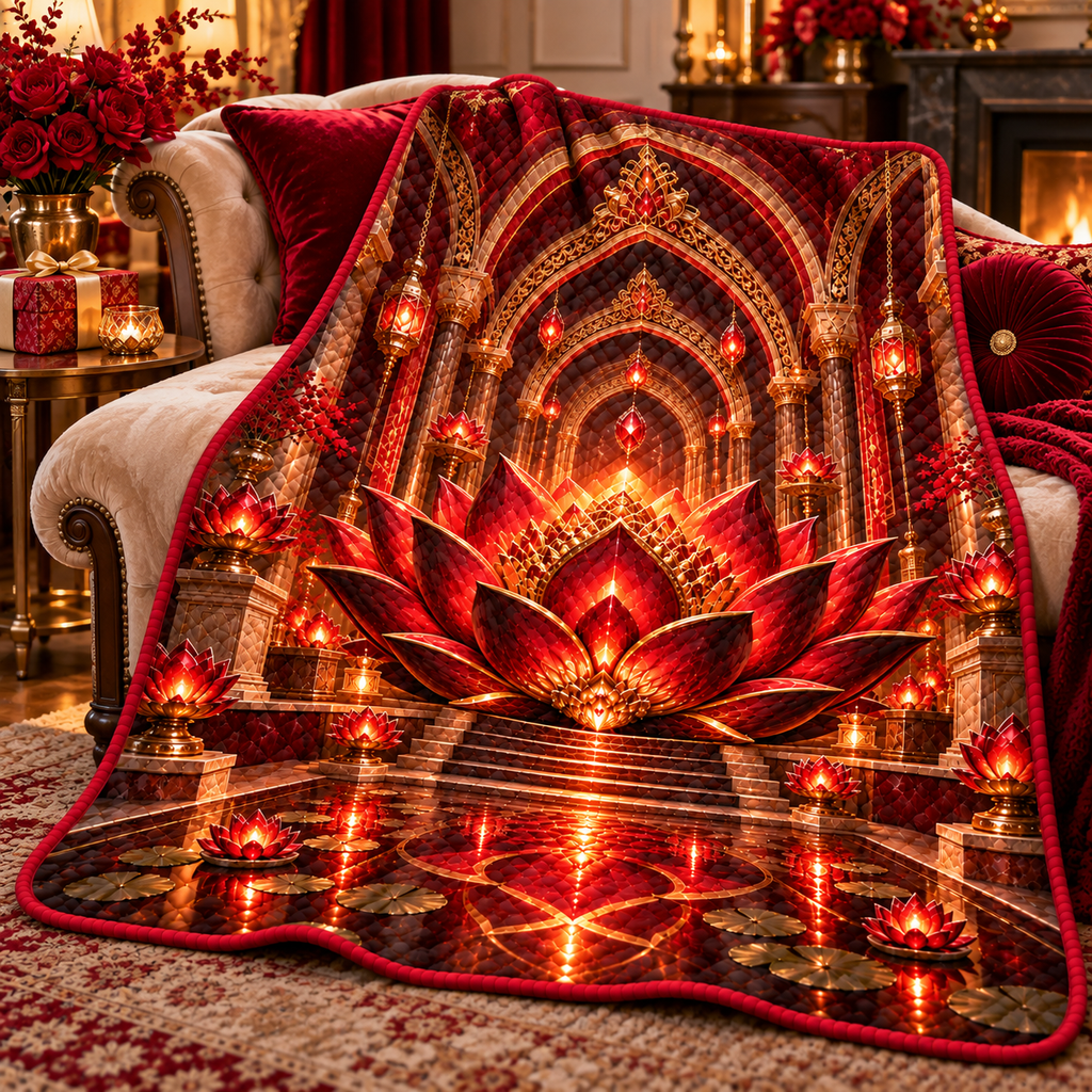 Red Lotus Ruby Jubilee Quilt Blanket with printed optical 3D artwork in its use setting