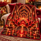 Red Lotus Ruby Jubilee Quilt Blanket with printed optical 3D artwork in its use setting