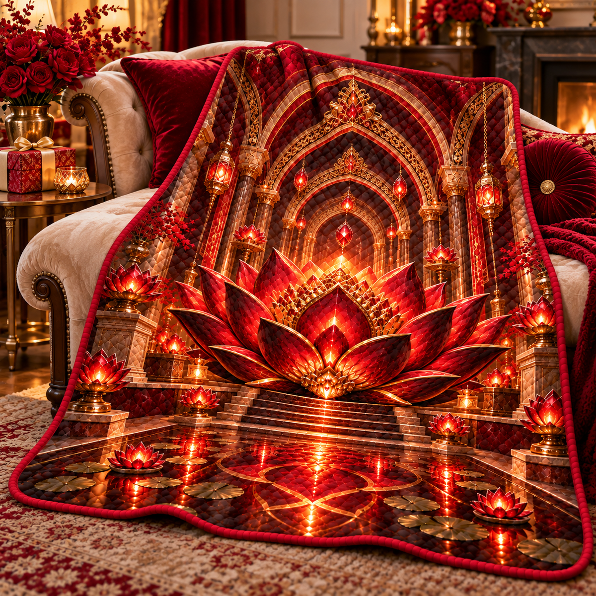Red Lotus Ruby Jubilee Quilt Blanket with printed optical 3D artwork in its use setting