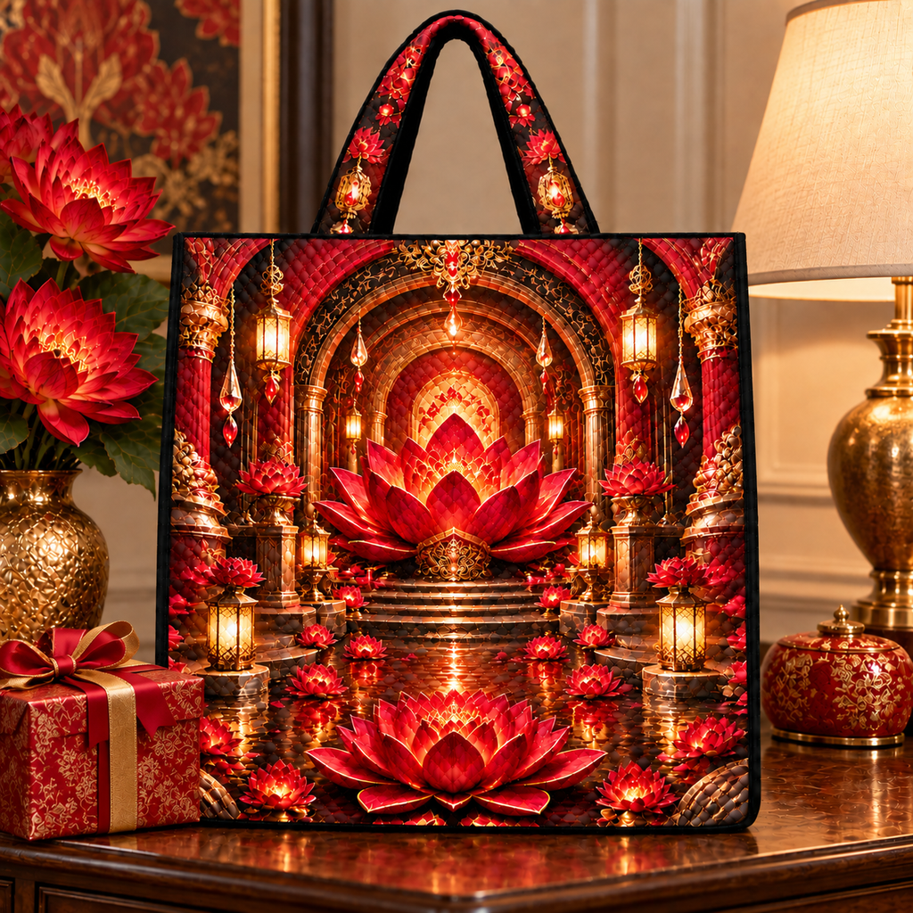 Red Lotus Ruby Jubilee Quilted Tote Bag with printed optical 3D artwork in its use setting