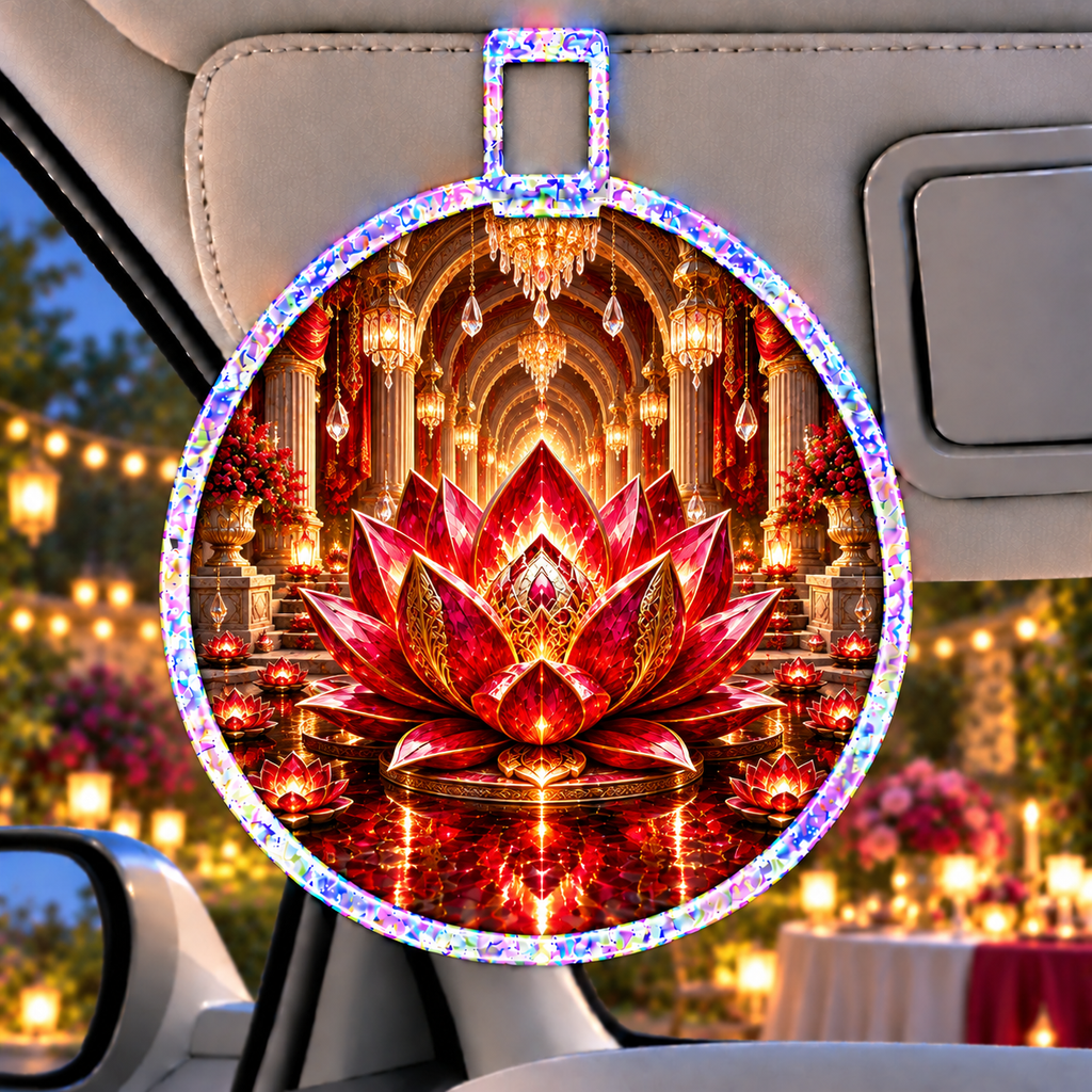 Red Lotus Ruby Jubilee Holographic Car Visor Clip with printed optical 3D artwork in its use setting