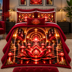 Red Lotus Loft Gallery Quilted Bedding Set with printed optical 3D artwork in its use setting