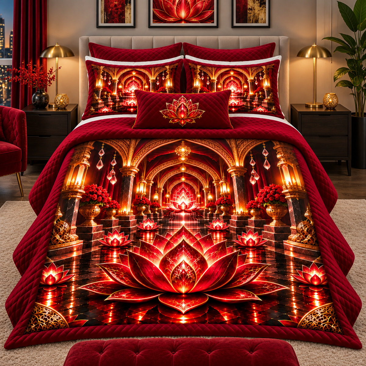 Red Lotus Loft Gallery Quilted Bedding Set with printed optical 3D artwork in its use setting