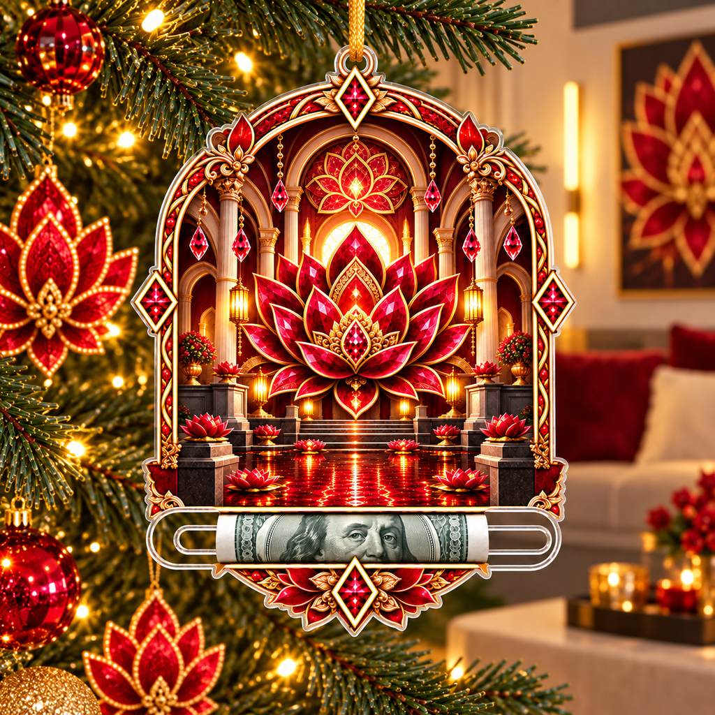 Red Lotus Loft Gallery Acrylic Cash Holder Ornament with printed optical 3D artwork in its use setting
