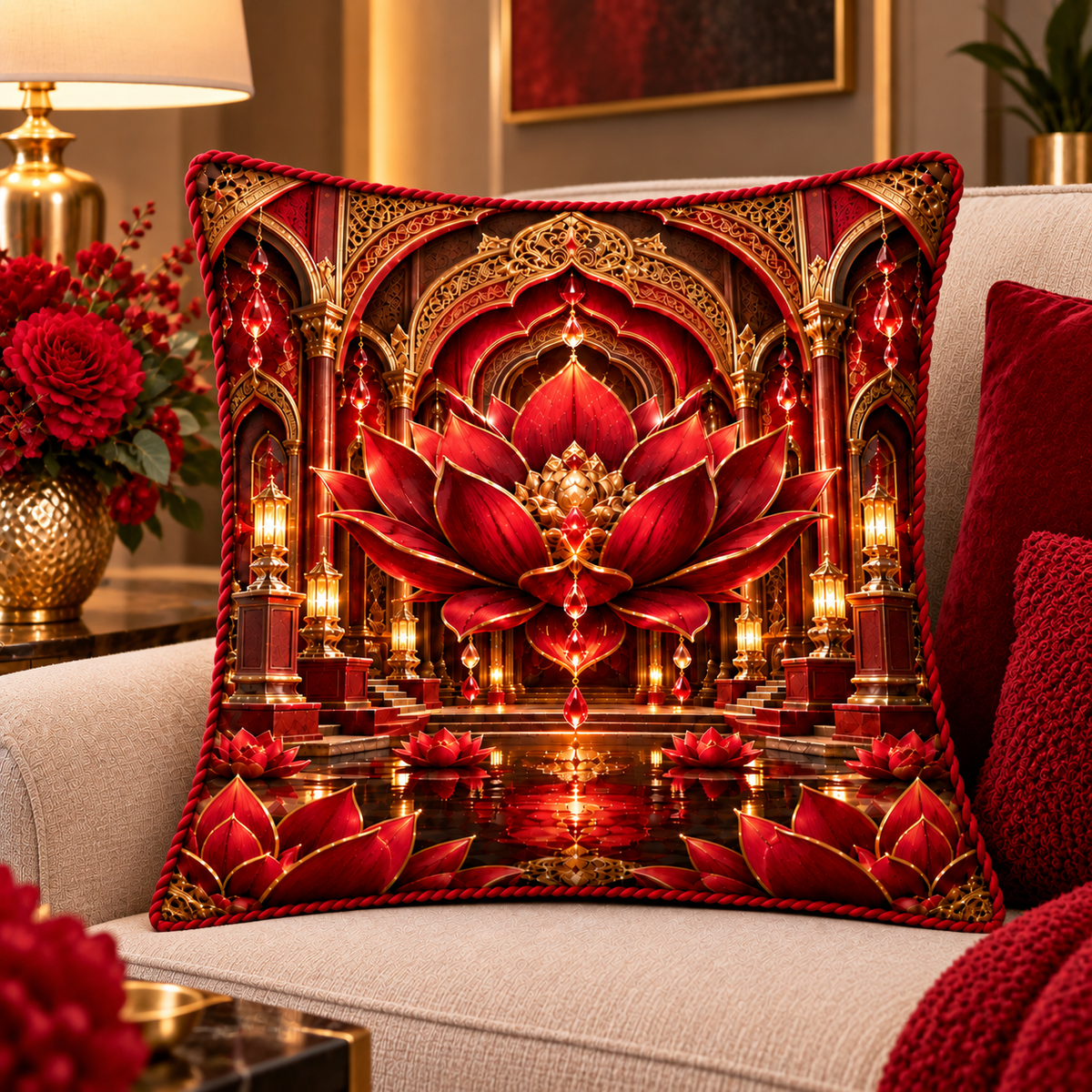 Red Lotus Loft Gallery Quilted Cushion Cover with printed optical 3D artwork in its use setting