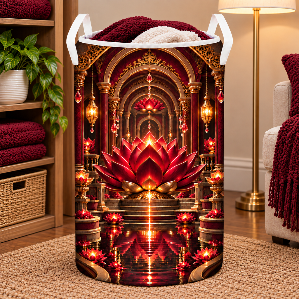 Red Lotus Loft Gallery Laundry Hamper with printed optical 3D artwork in its use setting