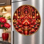 Red Lotus Loft Gallery Acrylic Refrigerator Magnet with printed optical 3D artwork in its use setting