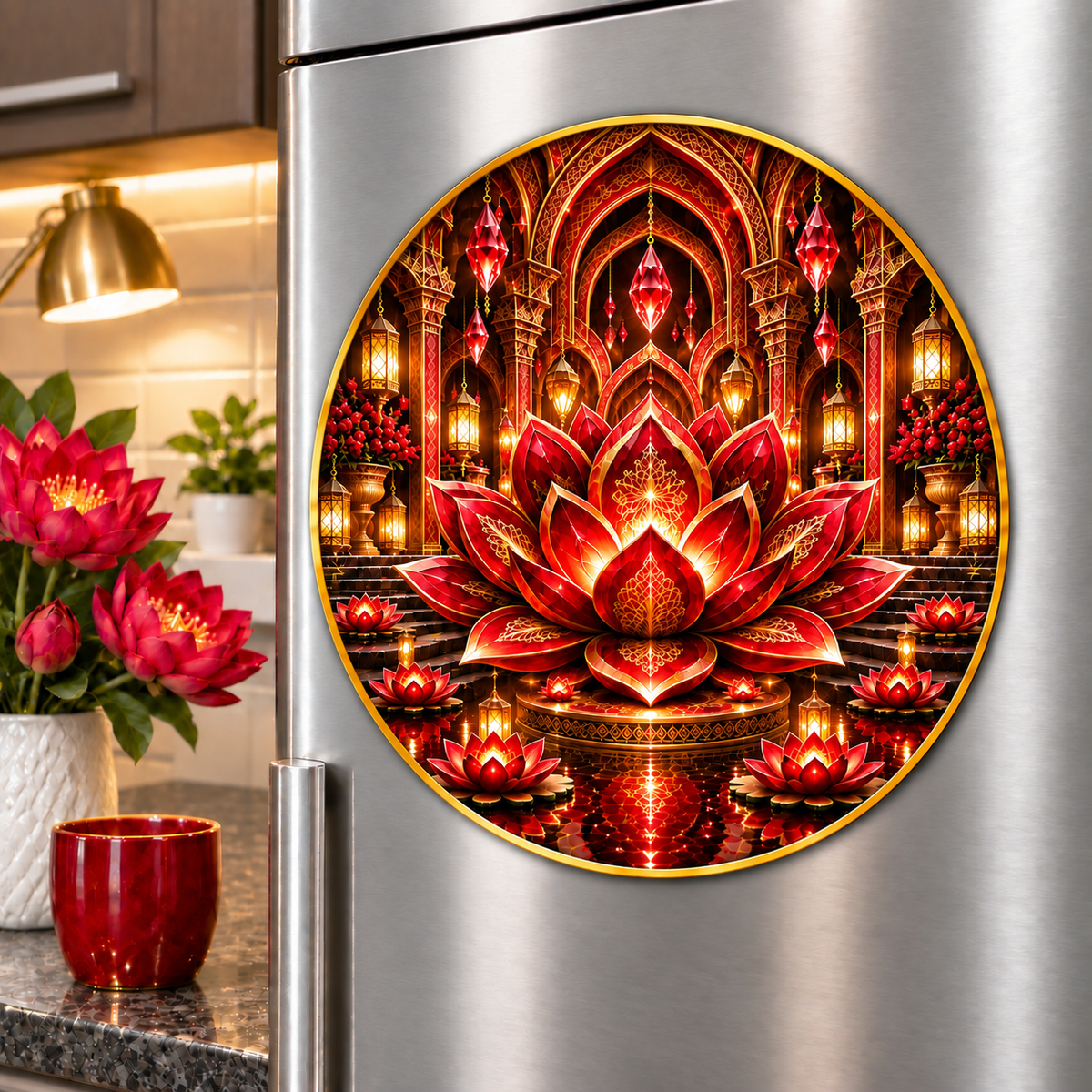 Red Lotus Loft Gallery Acrylic Refrigerator Magnet with printed optical 3D artwork in its use setting