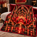 Red Lotus Loft Gallery Quilt Blanket with printed optical 3D artwork in its use setting