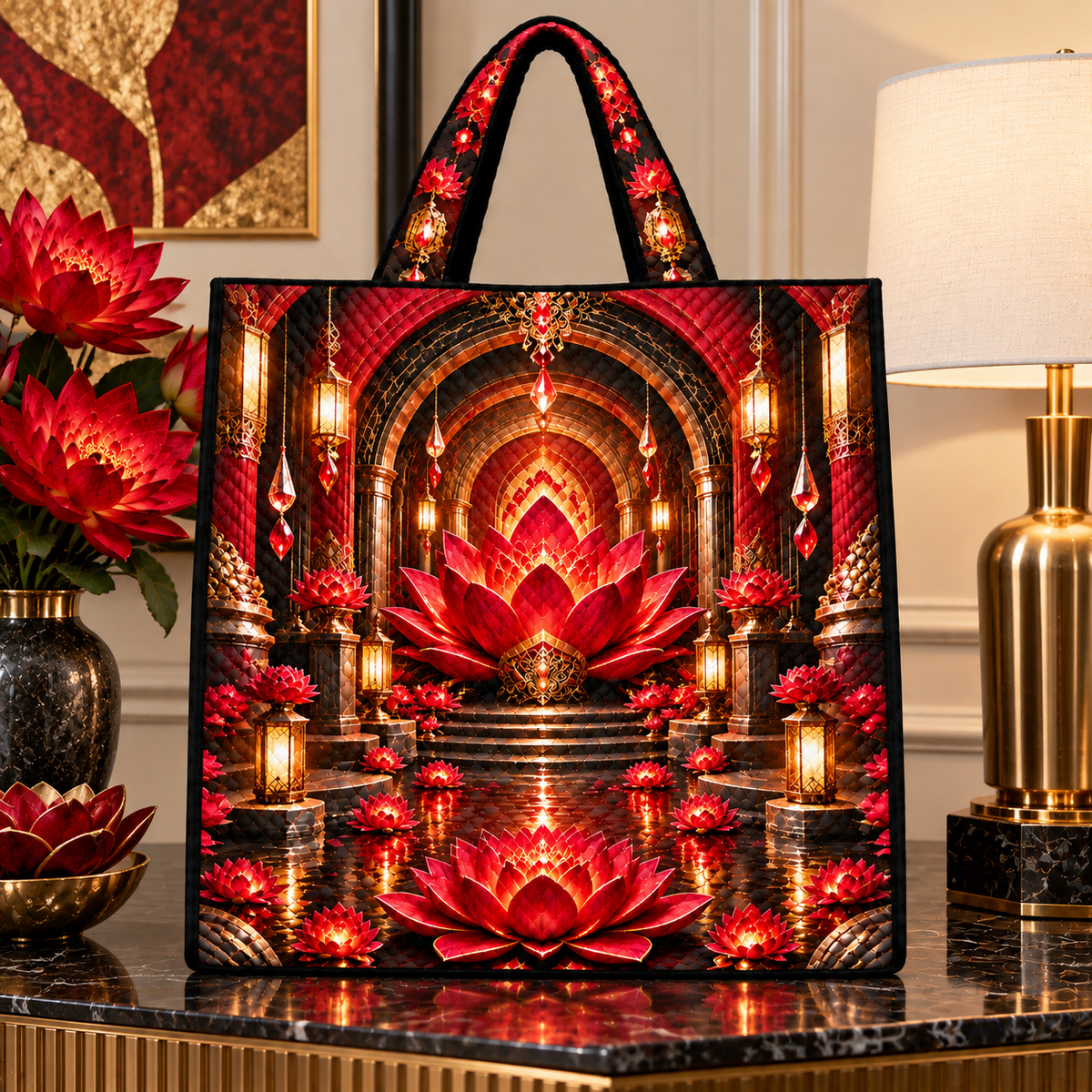 Red Lotus Loft Gallery Quilted Tote Bag with printed optical 3D artwork in its use setting