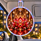 Red Lotus Loft Gallery Holographic Car Visor Clip with printed optical 3D artwork in its use setting