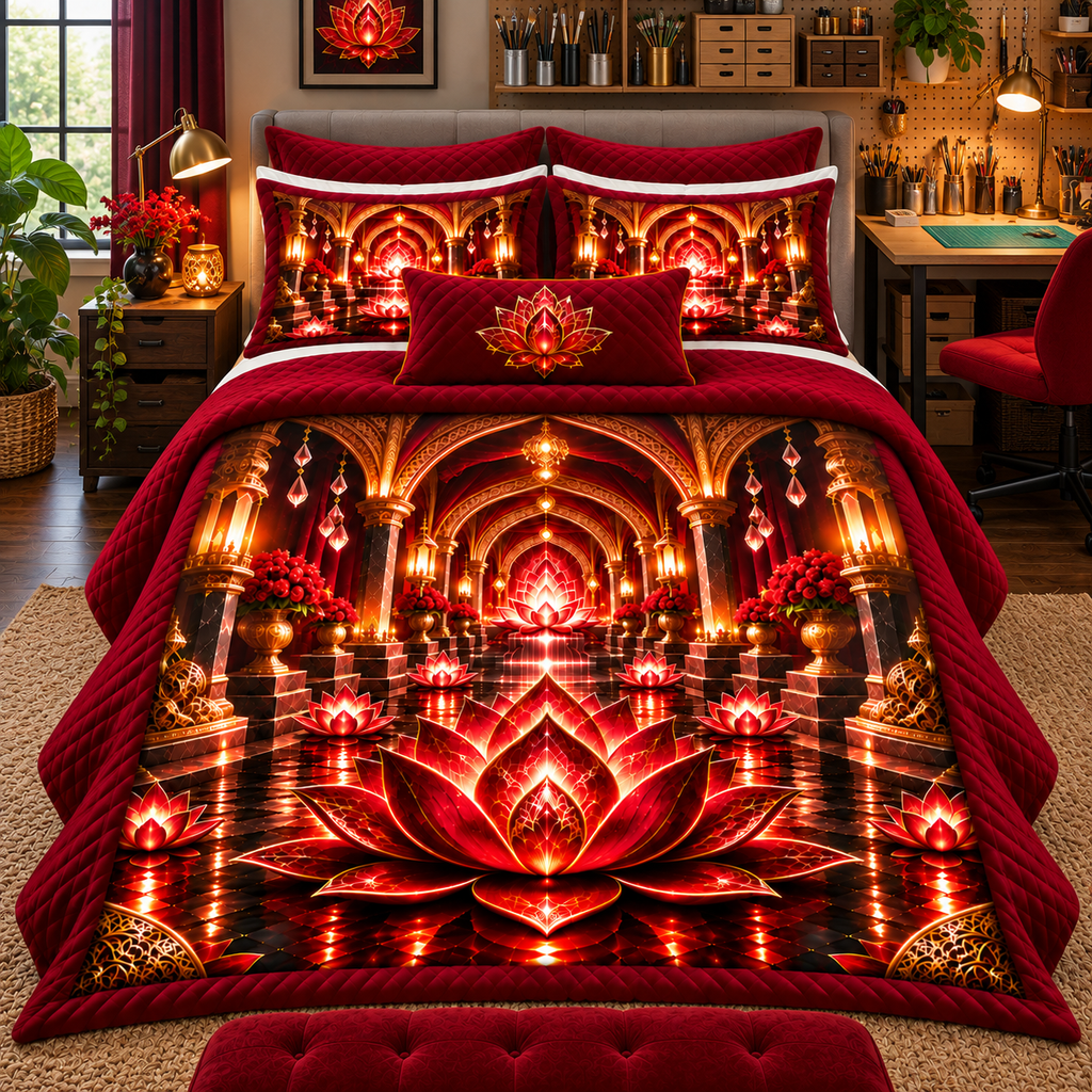 Red Lotus Artisan Studio Quilted Bedding Set with printed optical 3D artwork in its use setting