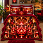 Red Lotus Artisan Studio Quilted Bedding Set with printed optical 3D artwork in its use setting