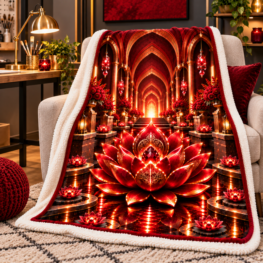 Red Lotus Artisan Studio Sherpa & Fleece Blanket with printed optical 3D artwork in its use setting