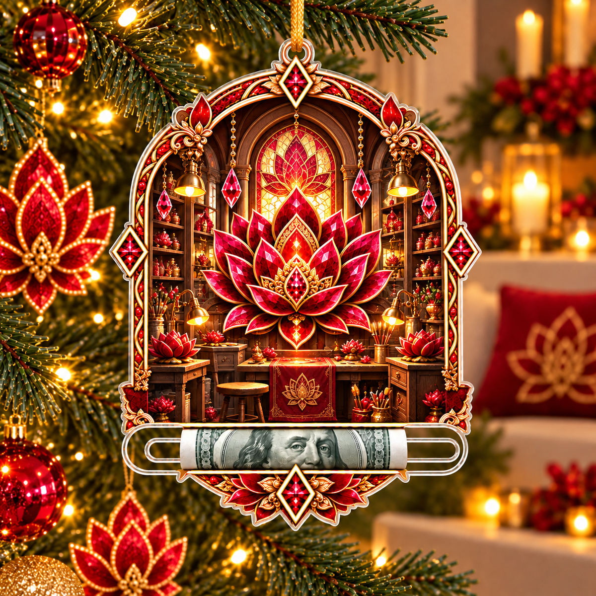 Red Lotus Artisan Studio Acrylic Cash Holder Ornament with printed optical 3D artwork in its use setting