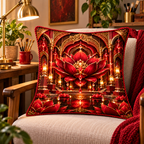 Red Lotus Artisan Studio Quilted Cushion Cover with printed optical 3D artwork in its use setting