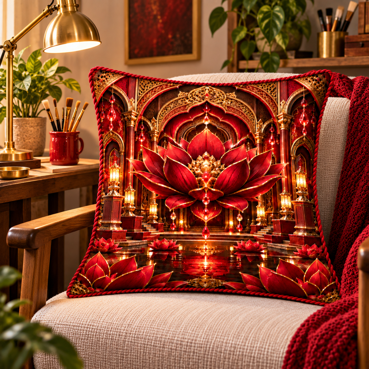 Red Lotus Artisan Studio Quilted Cushion Cover with printed optical 3D artwork in its use setting