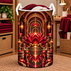 Red Lotus Artisan Studio Laundry Hamper with printed optical 3D artwork in its use setting