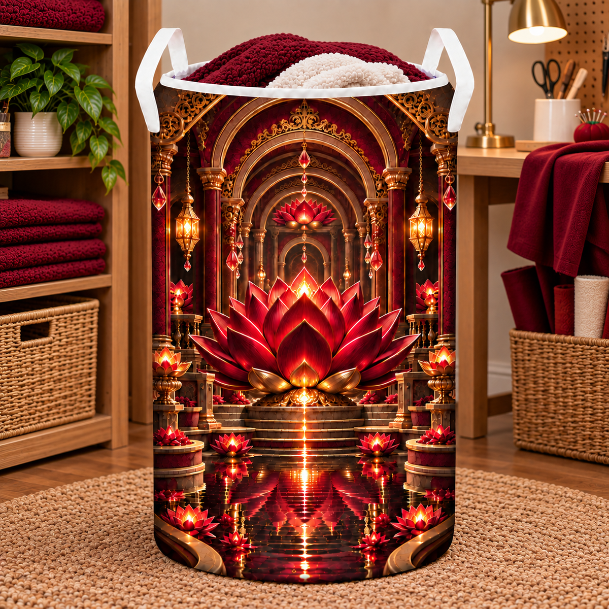 Red Lotus Artisan Studio Laundry Hamper with printed optical 3D artwork in its use setting