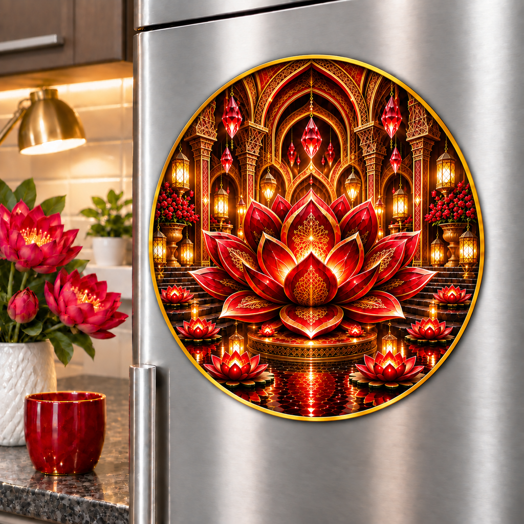 Red Lotus Artisan Studio Acrylic Refrigerator Magnet with printed optical 3D artwork in its use setting