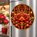 Red Lotus Artisan Studio Acrylic Refrigerator Magnet with printed optical 3D artwork in its use setting